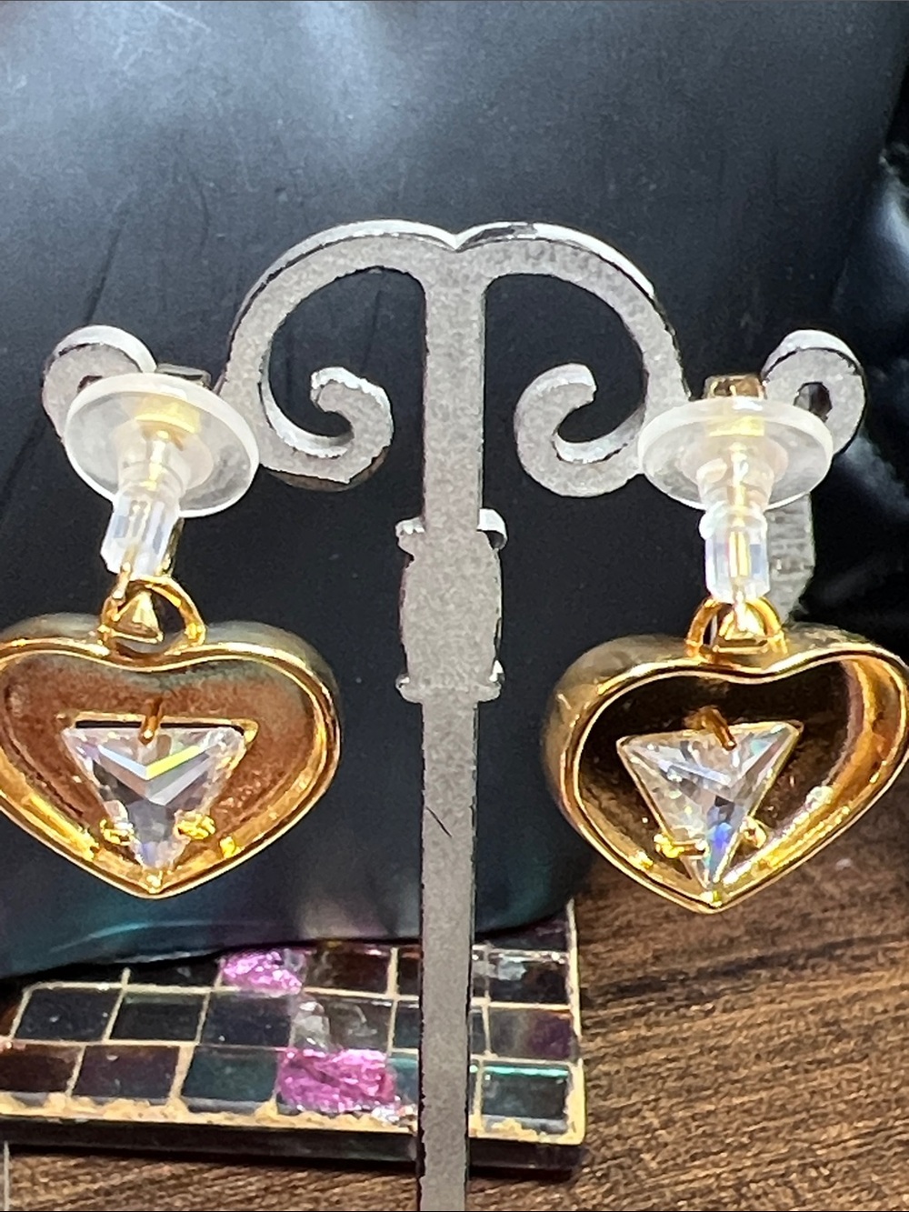 Fasion only!! Gold Heart Drop Earrings with Clear Crystal
